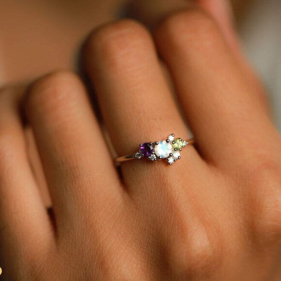 ๐๏ธ S925 Sterling Silver Moonstone Ring Colorful CZ Cluster Delicate Size 8 - Picture 12 of 12